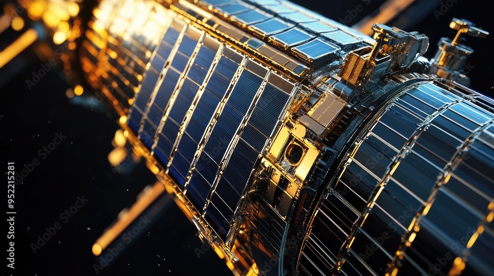 Poster close-up of a satellite with focus on the solar panels, capturing the reflective quality and grid pa