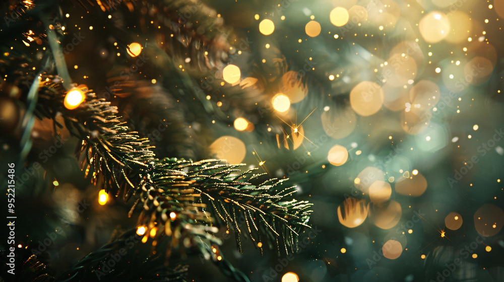 Poster Christmas tree branch with lights creating a magical atmosphere with golden bokeh and falling snow