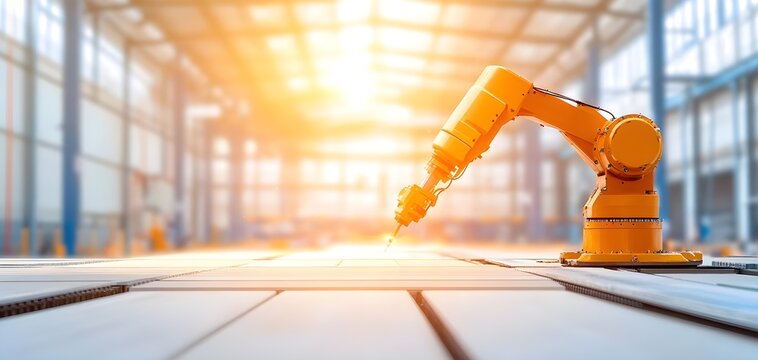 A robotic arm in action, capturing the essence of automation in a modern warehouse environment with bright sunlight.