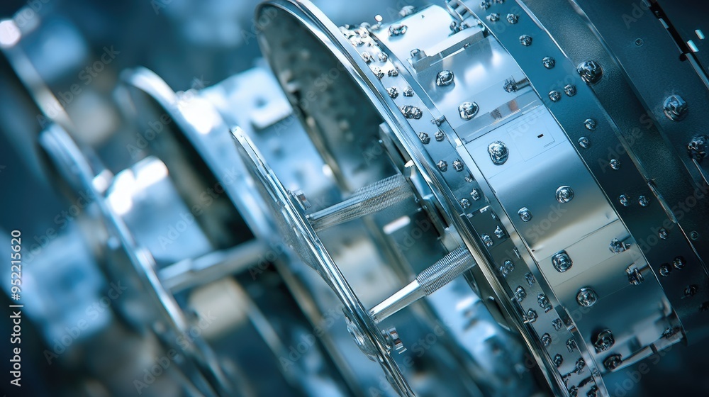Poster close-up of a satelliteas antenna array with a focus on the alignment and metallic finish.