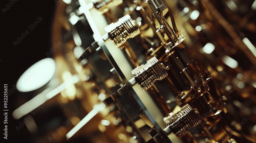 Poster close-up of a satelliteas antenna array with a focus on the alignment and metallic finish.