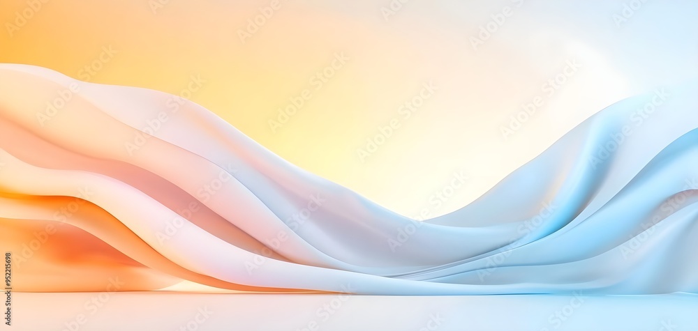 Poster a serene abstract landscape featuring flowing waves of soft fabric in pastel hues, creating a calmin
