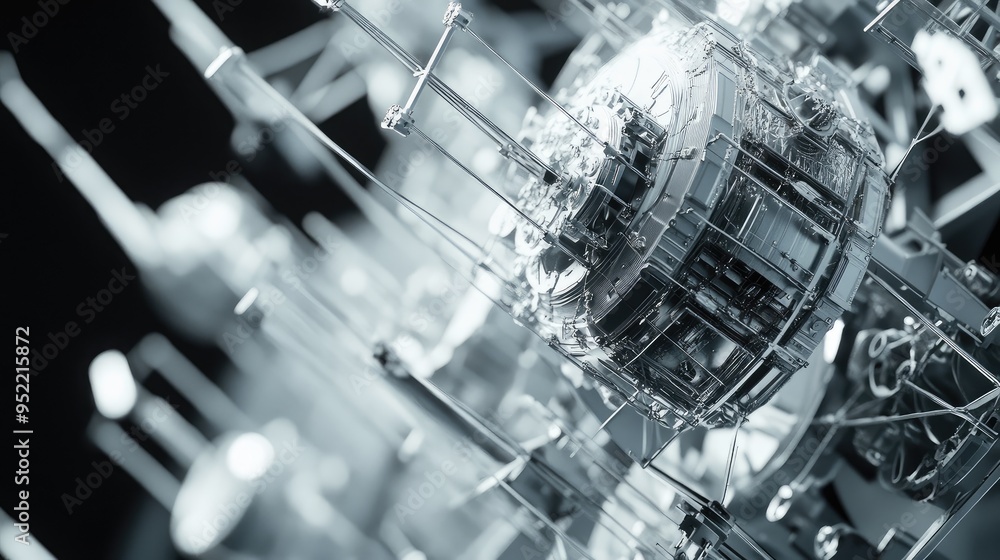 Poster close-up of a satellites communication array, focusing on the alignment and intricate details.