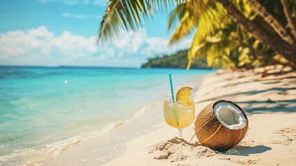 A serene tropical beach with clear blue water, palm trees, a coconut, and a refreshing drink.