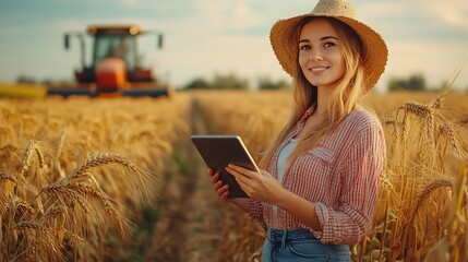 Woman farmer with digital tablet on a background of harvester Smart farming concept : Generative AI