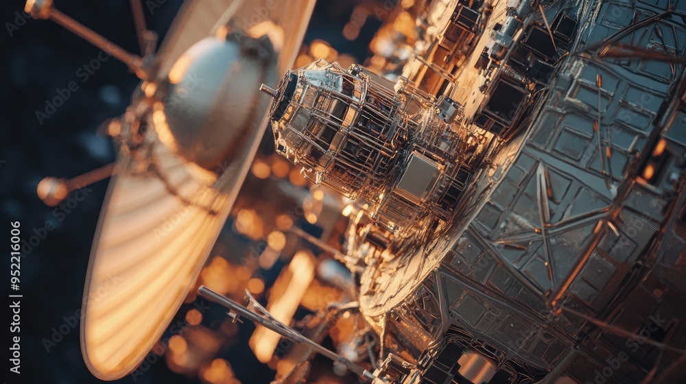 Poster close-up of a satellite's communication arrays, focusing on the dish and antennae setup.