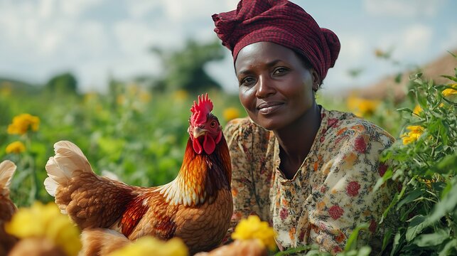 Farm agriculture and black woman with chicken in field countryside or nature for protein growth or ecology Agro business sustainable farming and farmer and bird for free range poultry  : Generative AI