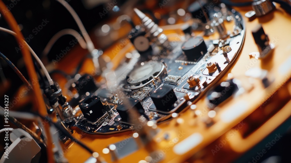 Poster close-up of a satellite's data collection module, focusing on the sensors and wiring.