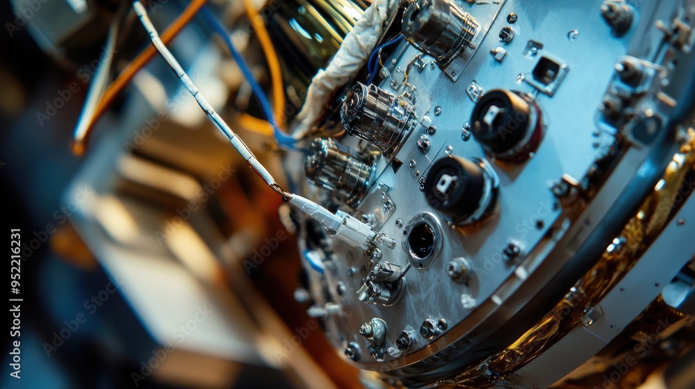 Poster close-up of a satellite's data collection module, focusing on the sensors and wiring.