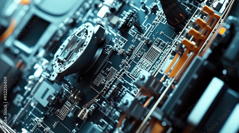 Poster close-up of a satelliteas data transmission unit, focusing on the connectors and intricate component