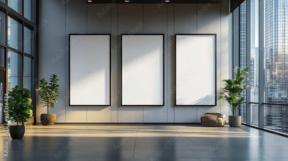 Poster Triple Vertical digital Poster Mockup background in Sleek Modern Interior Blank white showcase screen on a wall inside an urban building Empty  advertisement display media panels for p : Generative AI