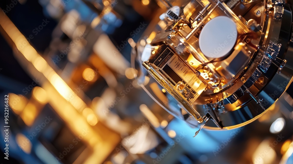 Poster close-up of a satelliteas navigation system, focusing on the sensor alignment and precision.