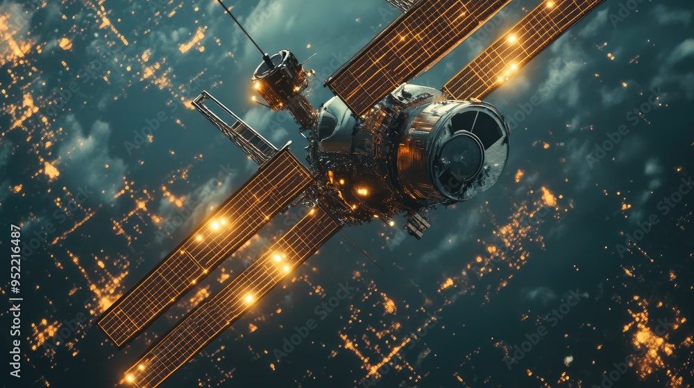 Poster close-up of a satelliteas navigation system, focusing on the sensor alignment and precision.