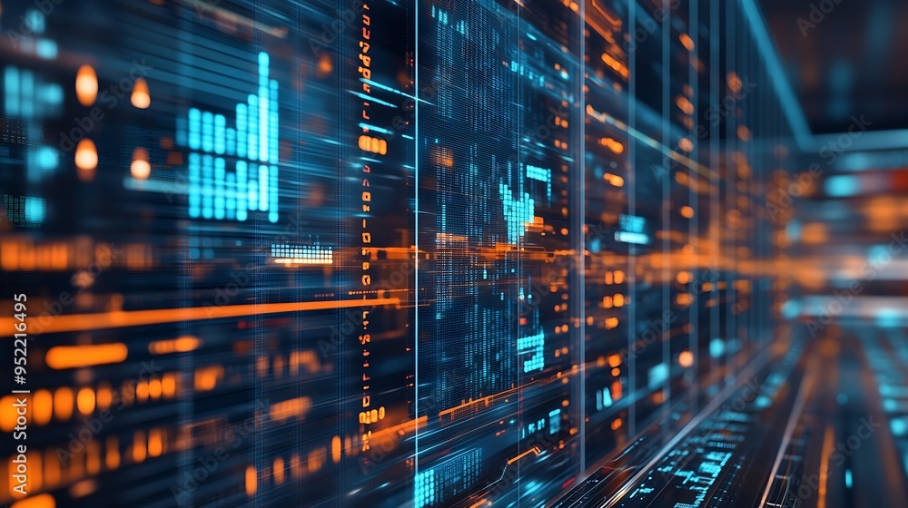 Poster Image of multiple graphs and numbers changing over data center room Digital composite coding business report network security data center networking technology and network server : Generative AI