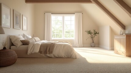 Empty bedroom in soft ivory with soft brown carpet floor and vaulted ceiling : Generative AI