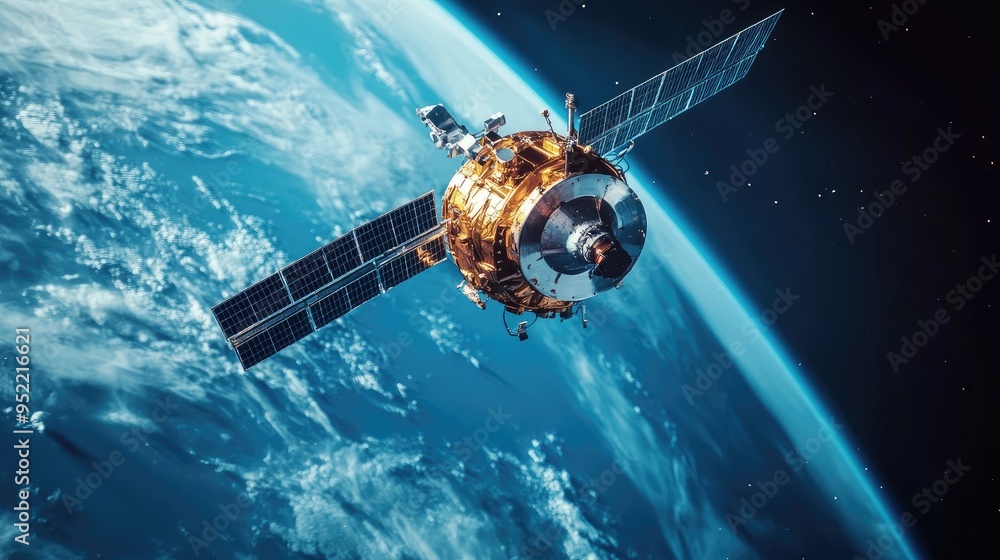 Poster close-up of a satellite's navigation system, focusing on the sensors and guidance technology.