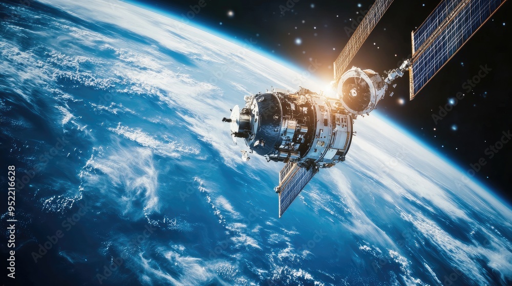 Poster close-up of a satellite's navigation system, focusing on the sensors and guidance technology.
