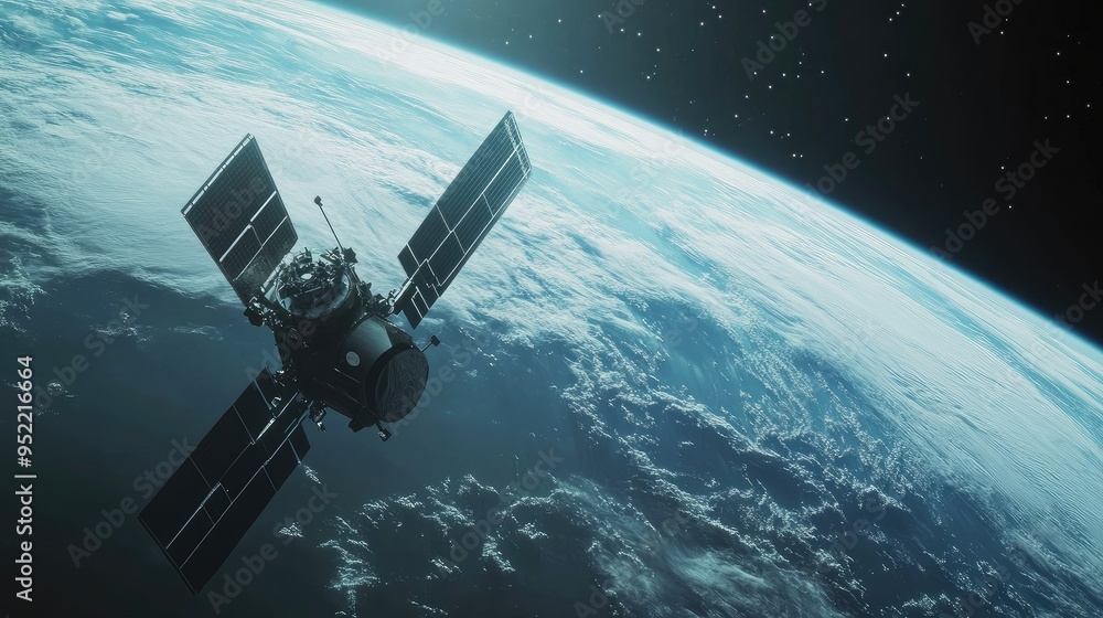 Poster close-up of a satellite's navigation system, focusing on the sensors and guidance technology.