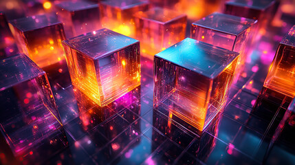Abstract futuristic background with glowing glass cubes and colorful lights.