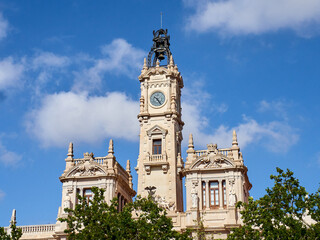 Valencia, Spain - July 28, 2024: Facade of the building of the Town Hall of the city of Valencia. Spain, Europe