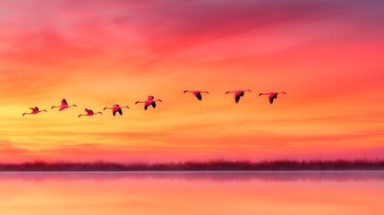 Obraz premium A serene sunset view featuring a flock of migrating birds flying across a colorful sky reflected in calm waters.
