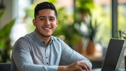 Obraz premium Happy professional business man company employee young entrepreneur smiling latin businessman working on laptop computer technology looking at camera working in office sitting at desk : Generative AI