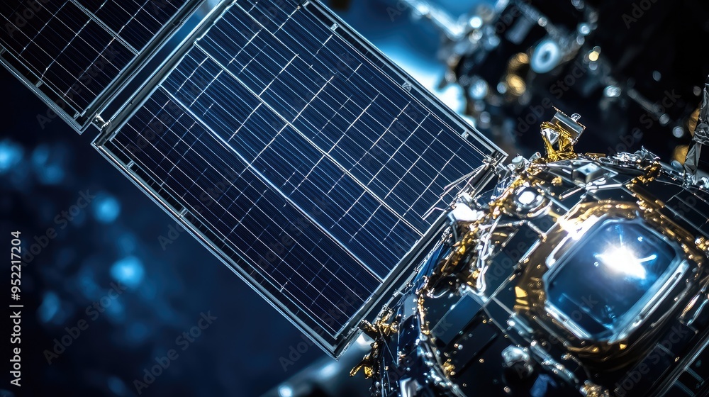 Poster close-up of a satelliteas solar panel array with a focus on the alignment and reflective properties.