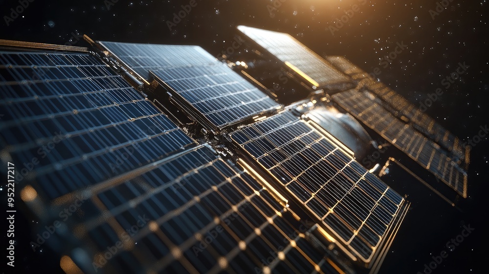 Poster close-up of a satelliteas solar panel array with a focus on the alignment and reflective properties.