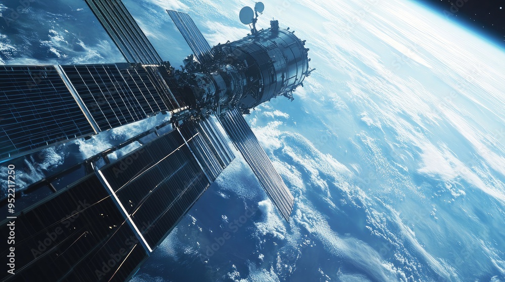 Poster close-up of a satelliteas solar panel array with a focus on the alignment and reflective properties.