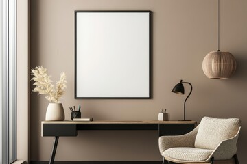 A minimalist workspace featuring a desk, chair, and decorative elements.