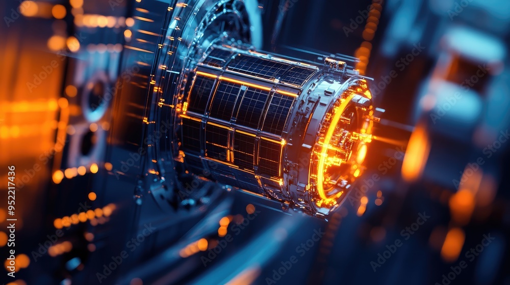 Poster close-up of a satelliteas solar panel with focus on the edge detailing and connection points.