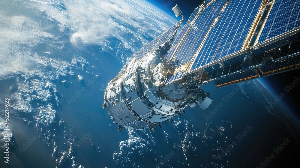 Poster close-up of a satelliteas solar panel with focus on the edge detailing and connection points.