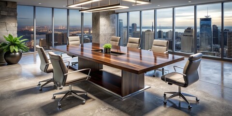 Elegance personified, this sleek conference table boasts a rich walnut finish, high-gloss metal legs, and soft illumination, amidst urban concrete and glass surroundings.