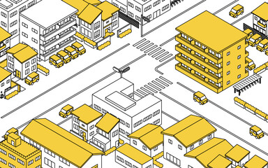 賃貸マンションや一軒家の並ぶ街並み、アイソメトリックイラスト