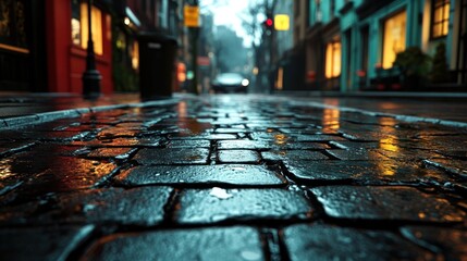 The wet cobblestones glisten under colorful store lights as raindrops fall softly, creating a serene urban atmosphere
