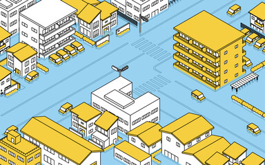 台風や大雨洪水で浸水している街並み、アイソメトリックイラスト