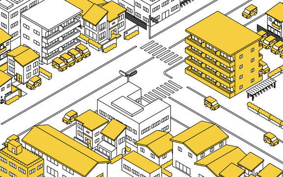 賃貸マンションや一軒家の並ぶ街並み、アイソメトリックイラスト