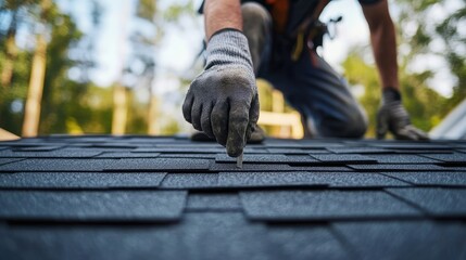 Worker Installing Asphalt Shingles on New Home Roof Under Construction