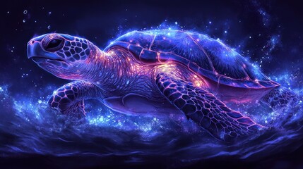 Obraz premium A magical turtle swims effortlessly through sparkling waters, illuminated by a galaxy of colors and light