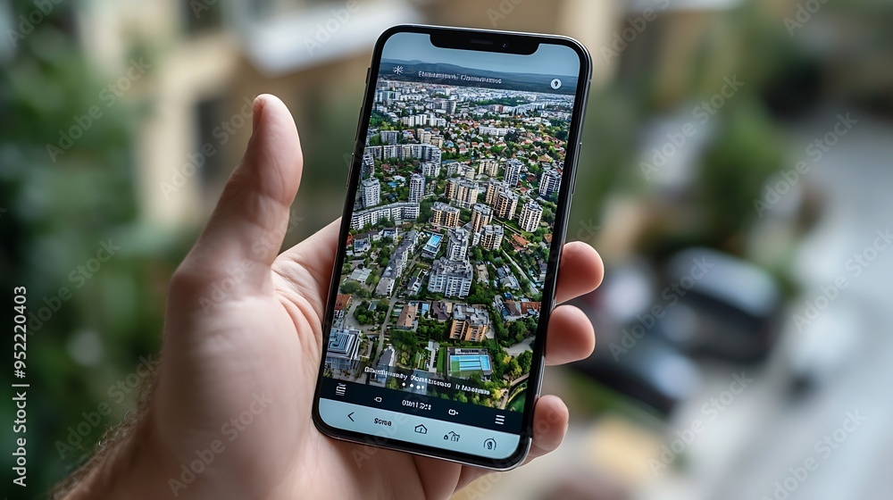 Poster real estate app on phone display in man hand property listings for an effortless home search experie