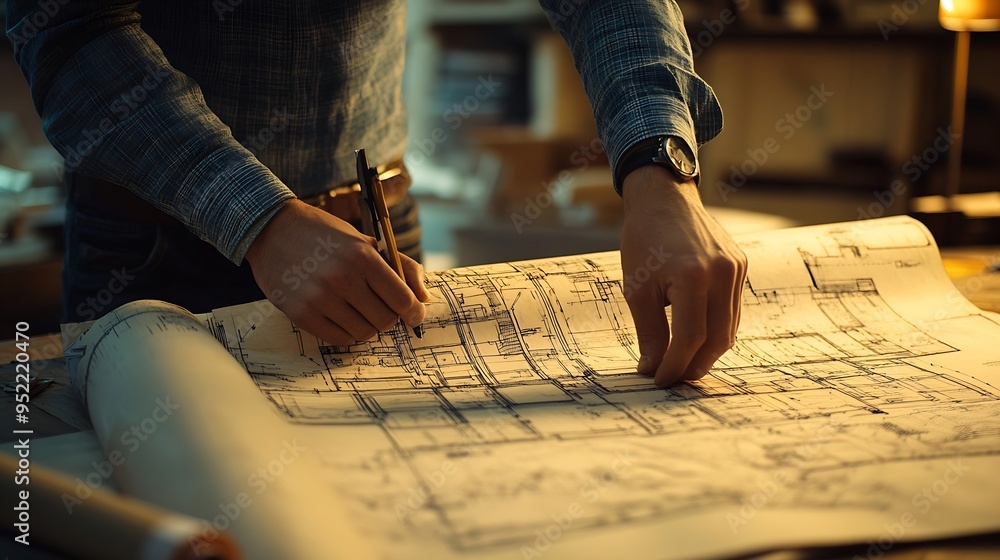 Fototapete construction team blueprint and site building job for architect builder and engineer sketching a con