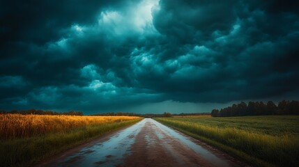 Dark stormy clouds over a country road summer time : Generative AI