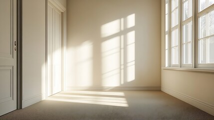 Obraz premium Bright empty bedroom in light ivory tone with carpet floor and small window : Generative AI