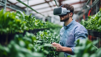 Farmer wearing VR headset for controlling process in greenhouse cultivation Modern and smart agriculture concept : Generative AI