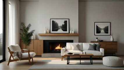Two white sofas by the fireplace in a Scandinavian minimalist living room.