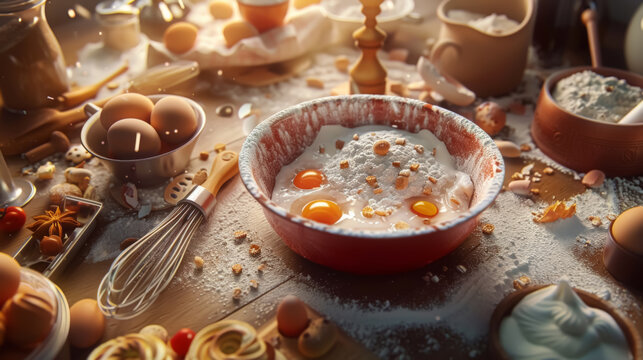 Shrove Tuesday Baking Scene with Eggs and Flour