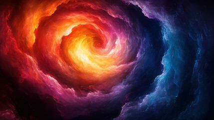 Abstract swirl of vibrant colors in a vortex pattern, resembling a nebula or a cosmic cloud.
