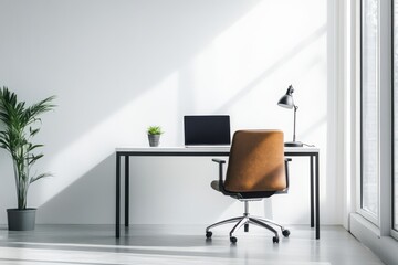 A minimalist workspace featuring a desk, chair, laptop, and plants in natural light.