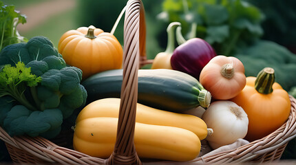 basket filled freshly harvested vegetables including squash root vegetables
