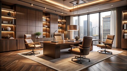Elegant corporate space where Opulent Womb chairs, sleek Tekno desks, and plush Padma rugs converge, bathed in muted warmth with soft focus and shadows, evoking sophistication.